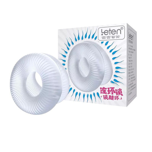 Leten dubbele cockring set van transparant siliconen met geribbelde textuur in verpakking