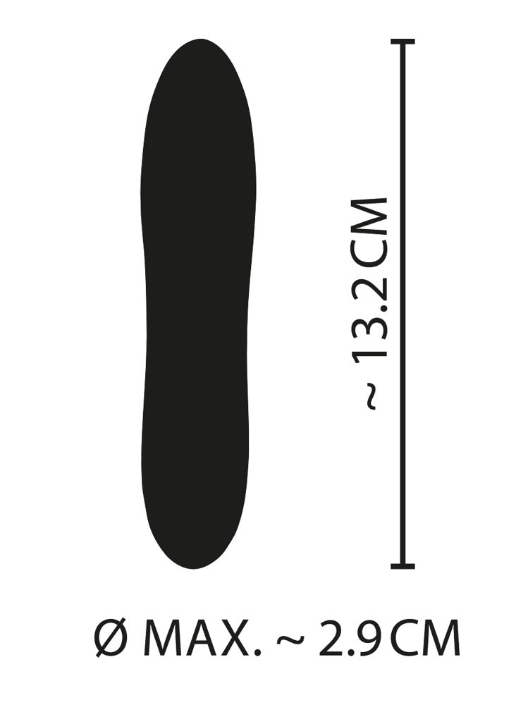 Maattekening van de Cuties mini vibrator: 13,2 cm lang en maximaal 2,9 cm breed