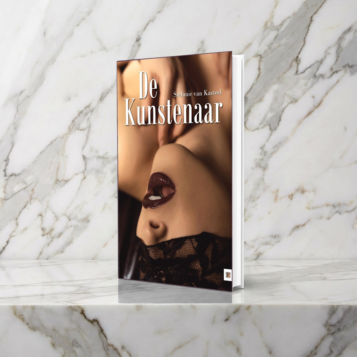 Boek De Kunstenaar van Stefanie van Kasteel rechtop op een marmeren plank
