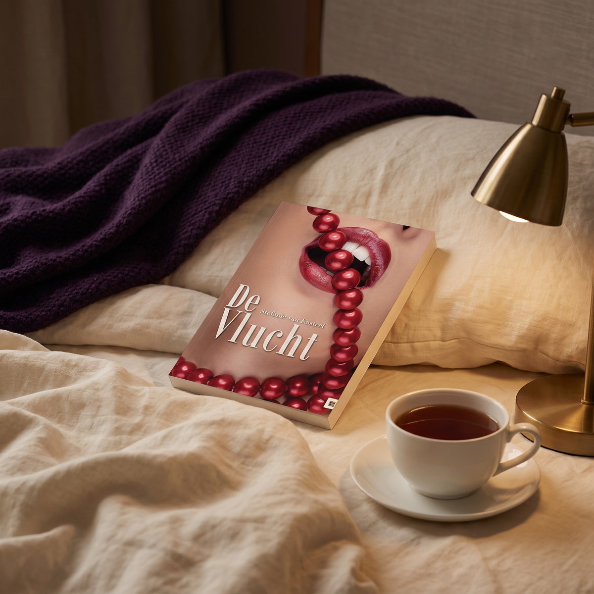 Sfeerbeeld: het boek De Vlucht op een bed met creme linnen naast een kop thee