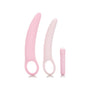 Twee roze siliconen dilators met vingerlus en de roze bulletvibrator naast elkaar op wit
