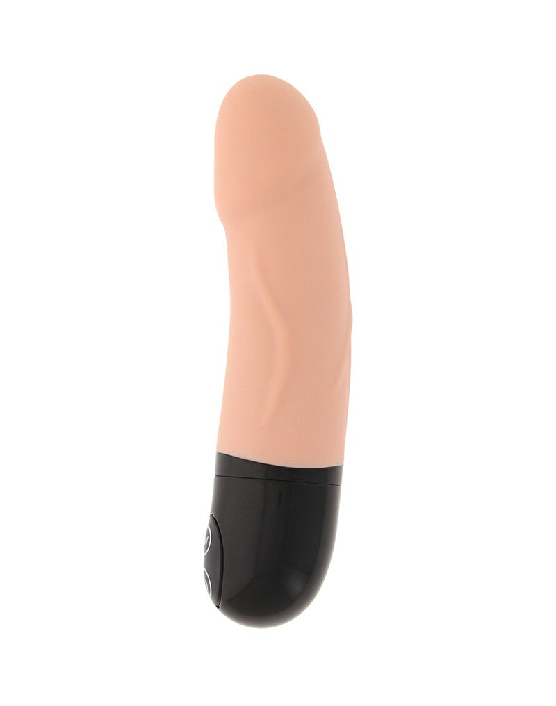 Huidkleurige korte vibrator rechtop met zwarte onderkant, Dorcel Real Vibration S