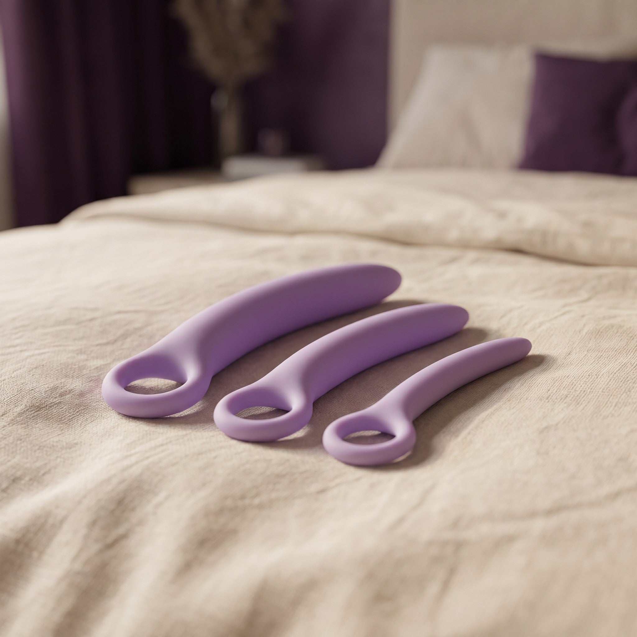 Sfeerbeeld: de drie lila dilators van Dr. Berman op een opgemaakt bed met creme linnen