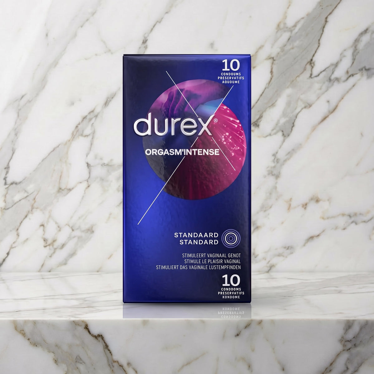Doos Durex Intense Orgasme condooms met 10 stuks op een marmeren plank