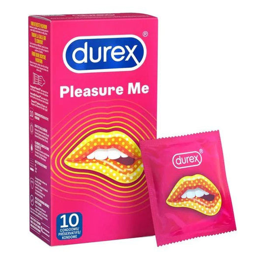 Pleasure Me condooms met ribbels en noppen van De Paarse Keizerin, vooraanzicht van de verpakking met 10 stuks