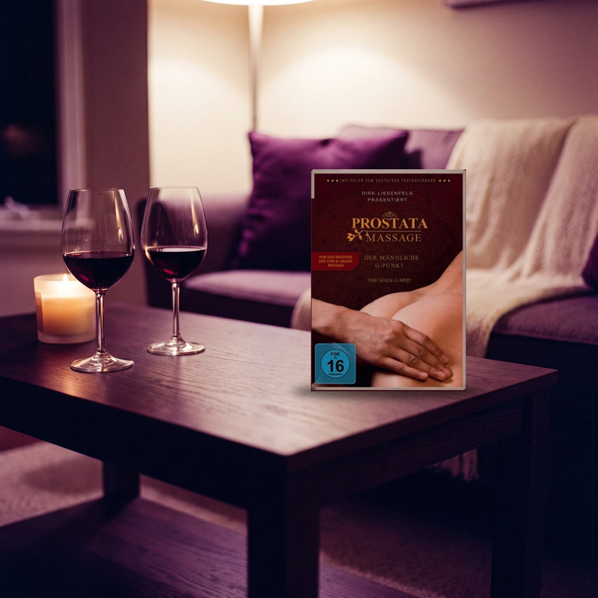 Sfeerbeeld: dvd over prostaatmassage op een salontafel met kaars en twee glazen rode wijn
