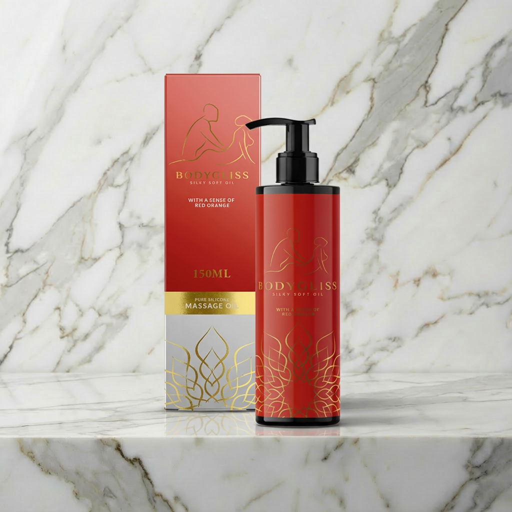 Fles en doosje Massage Olie Red Orange 150 ml van Body Gliss op een marmeren plank