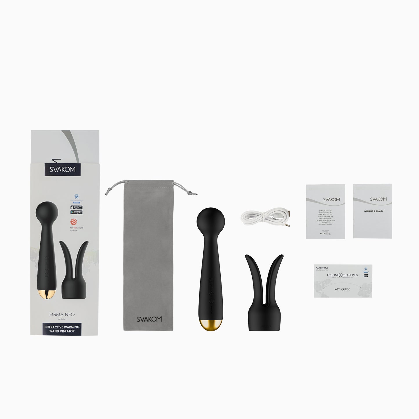 Emma Neo Wand vibrator complete verpakkingsinhoud met opbergzakje en oplaadkabel