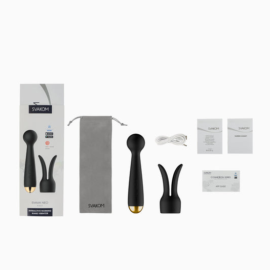 Emma Neo Wand vibrator complete verpakkingsinhoud met opbergzakje en oplaadkabel