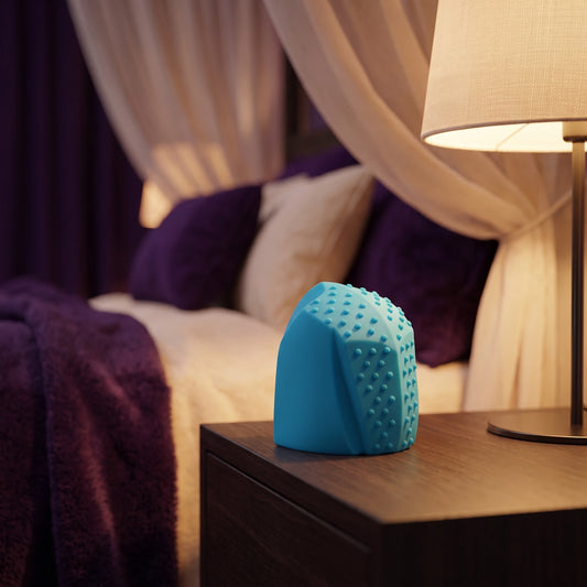 Sfeerbeeld: blauw Genio opzetstuk op een houten nachtkastje naast een brandende lamp