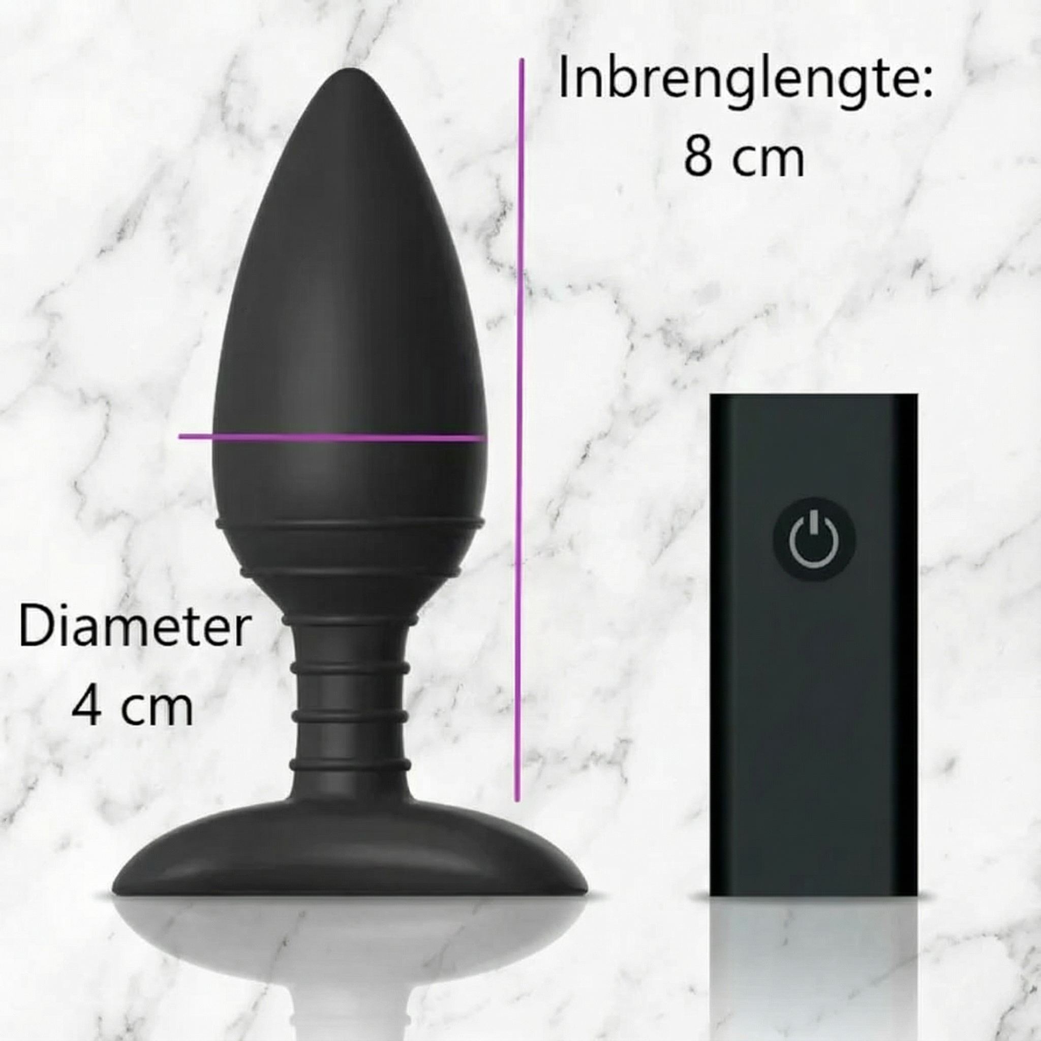 Maten van de zwarte buttplug Medium: 8 cm inbrenglengte en 4 cm diameter, met afstandsbediening
