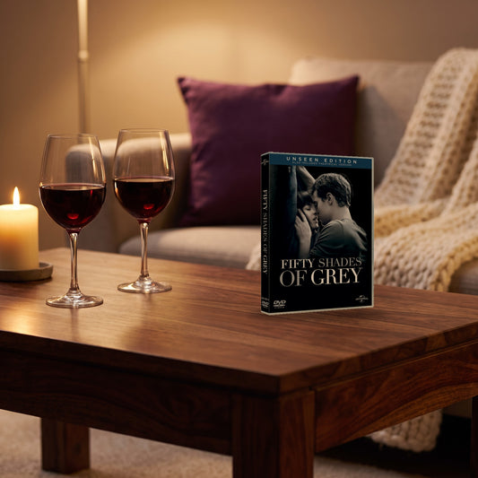 Sfeerbeeld: dvd Fifty Shades of Grey op een salontafel met twee glazen rode wijn en een kaars