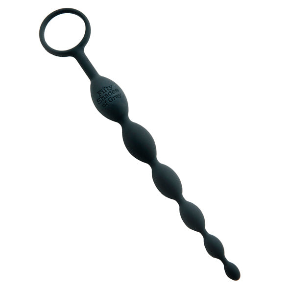 Zwarte siliconen anale kralenketting met oplopende kralen en ringtrekker, Fifty Shades of Grey