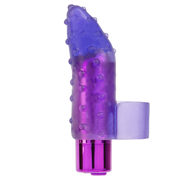 Frisky vingervibrator productfoto met paarse genopte siliconen huls en vingerring