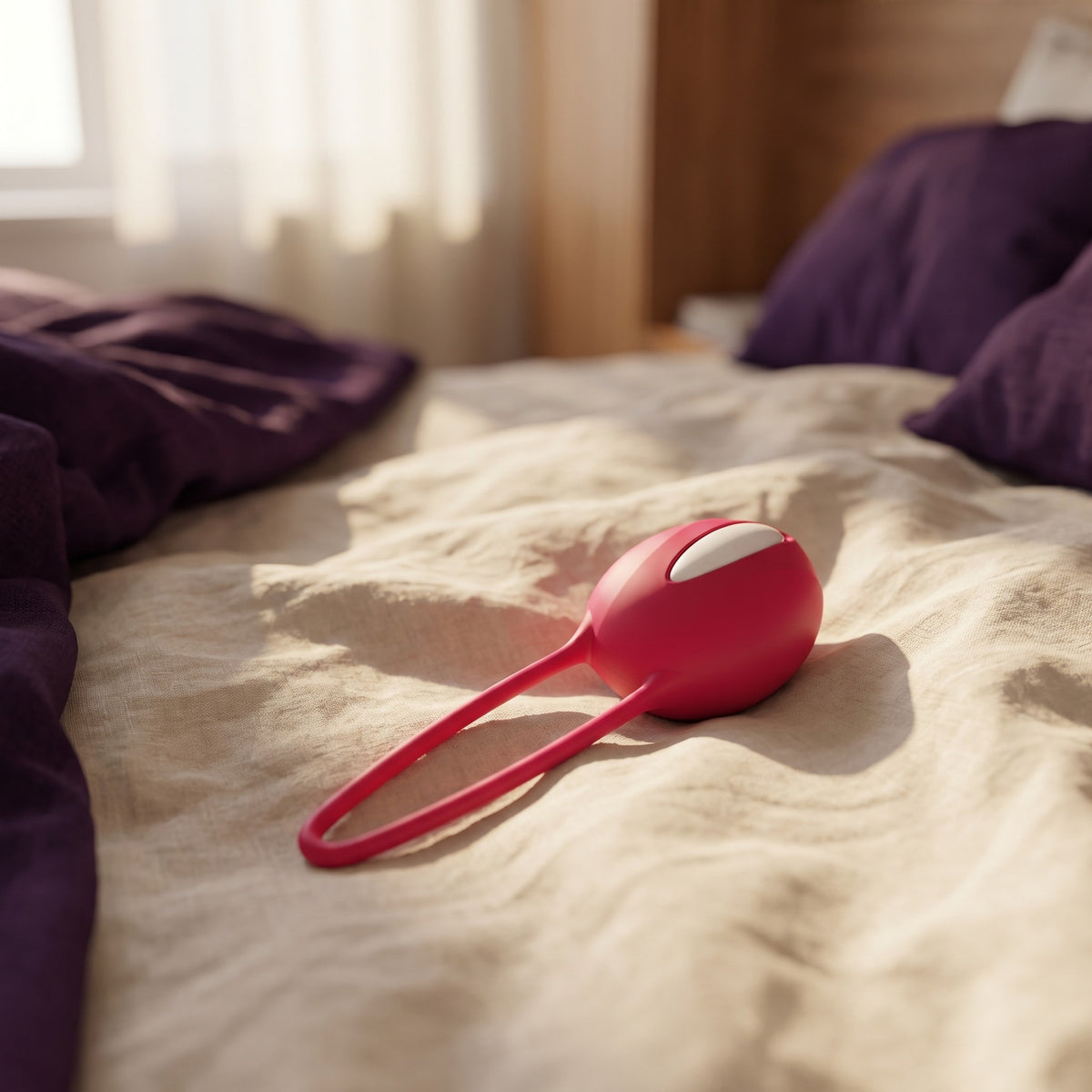 Sfeerbeeld: roze Smartball Uno losjes op een bed met creme linnen in zacht ochtendlicht