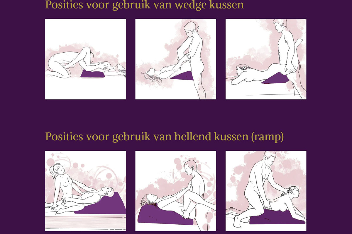 Illustratie met verschillende seksuele posities waarbij een wedge- of hellend kussen wordt gebruikt ter ondersteuning van het lichaam, getoond in liggende en knielende houdingen voor extra comfort en betere houding.