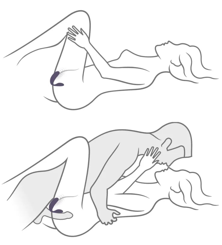 Lijntekening van twee standjes waarbij een koppelvibrator gedragen wordt tijdens solo- en partnergebruik