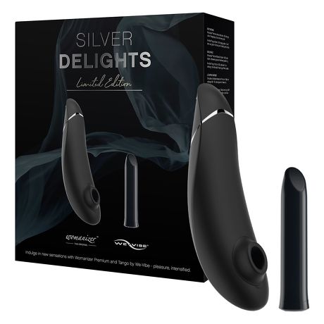 Silver Delights giftbox van De Paarse Keizerin met Womanizer en We-Vibe Tango op witte achtergrond
