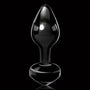 Glazen buttplug van Icicles, zwart met druppelvorm, glanzend afgewerkt op zwarte achtergrond.