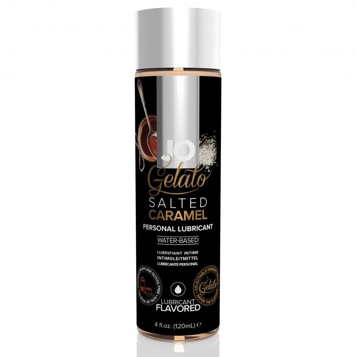 Jo Salted Caramel glijmiddel flesje van De Paarse Keizerin op witte achtergrond