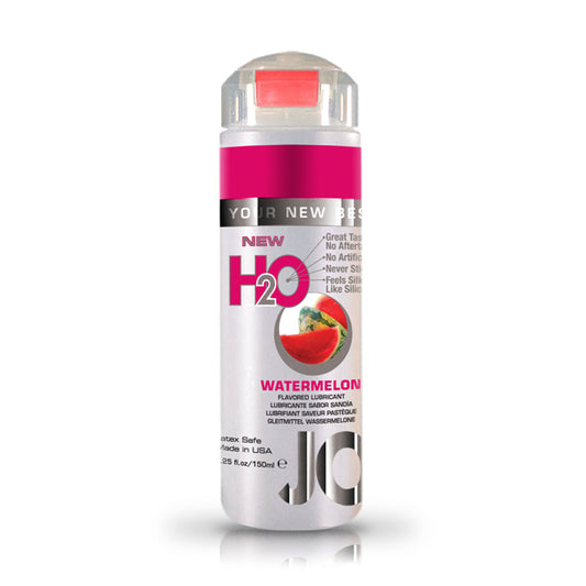 JO H2O glijmiddel watermeloen smaak 150 ml, zilverkleurige fles met roze accent.
