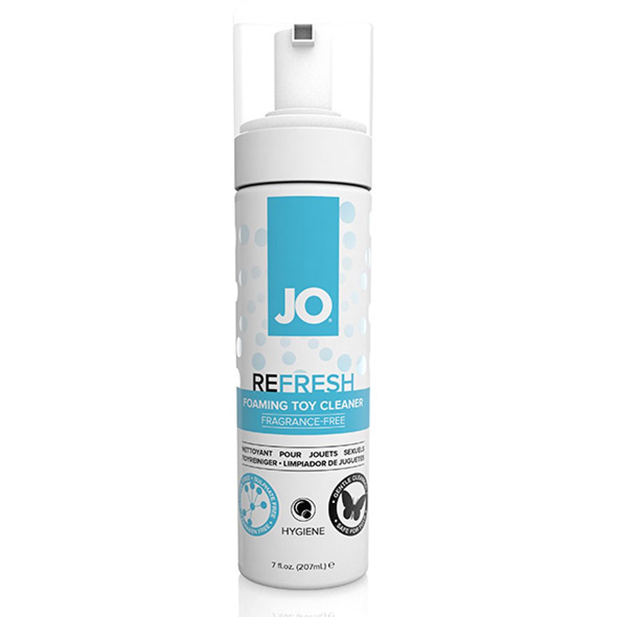 Pompfles JO Refresh schuimende toy cleaner 207 ml op witte achtergrond