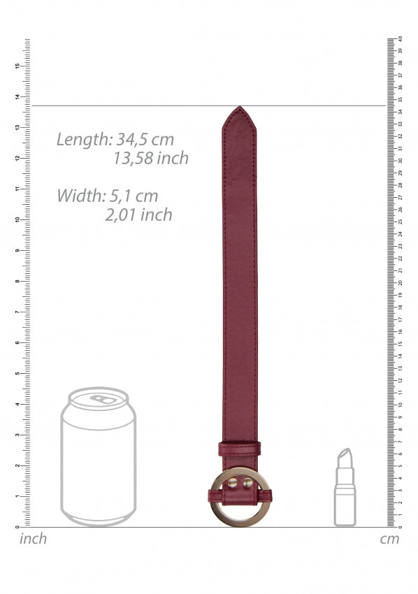 Maattekening van een bordeauxrode boei: 34,5 cm lang en 5,1 cm breed