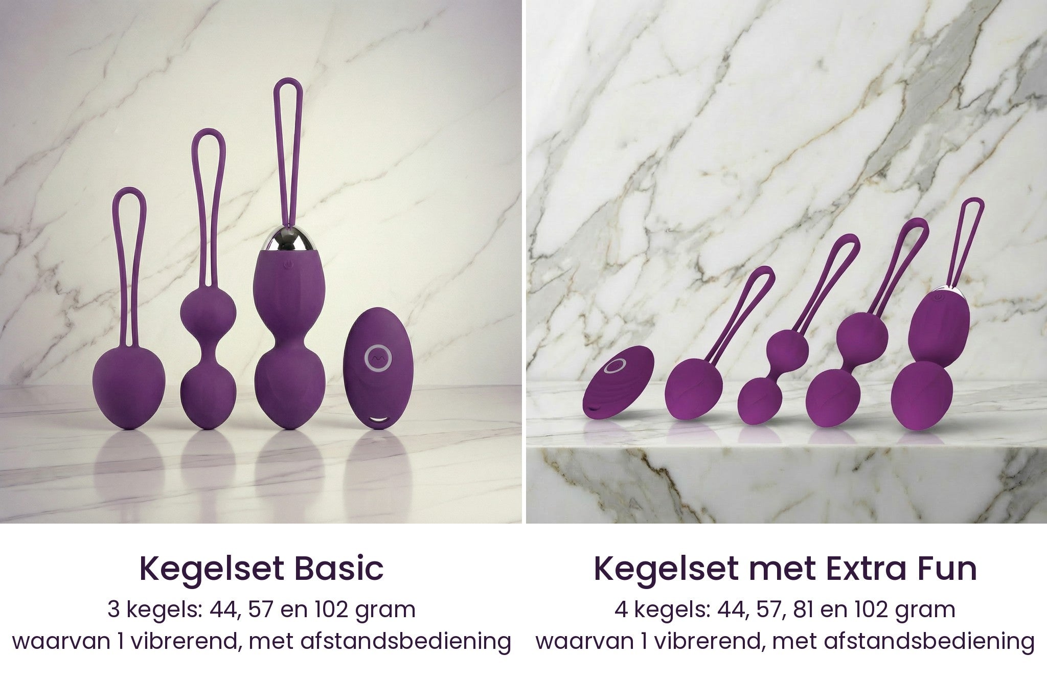 Vergelijking: Happy Woman Kegelset Basic met drie kegels naast de Kegelset met Extra Fun met vier kegels