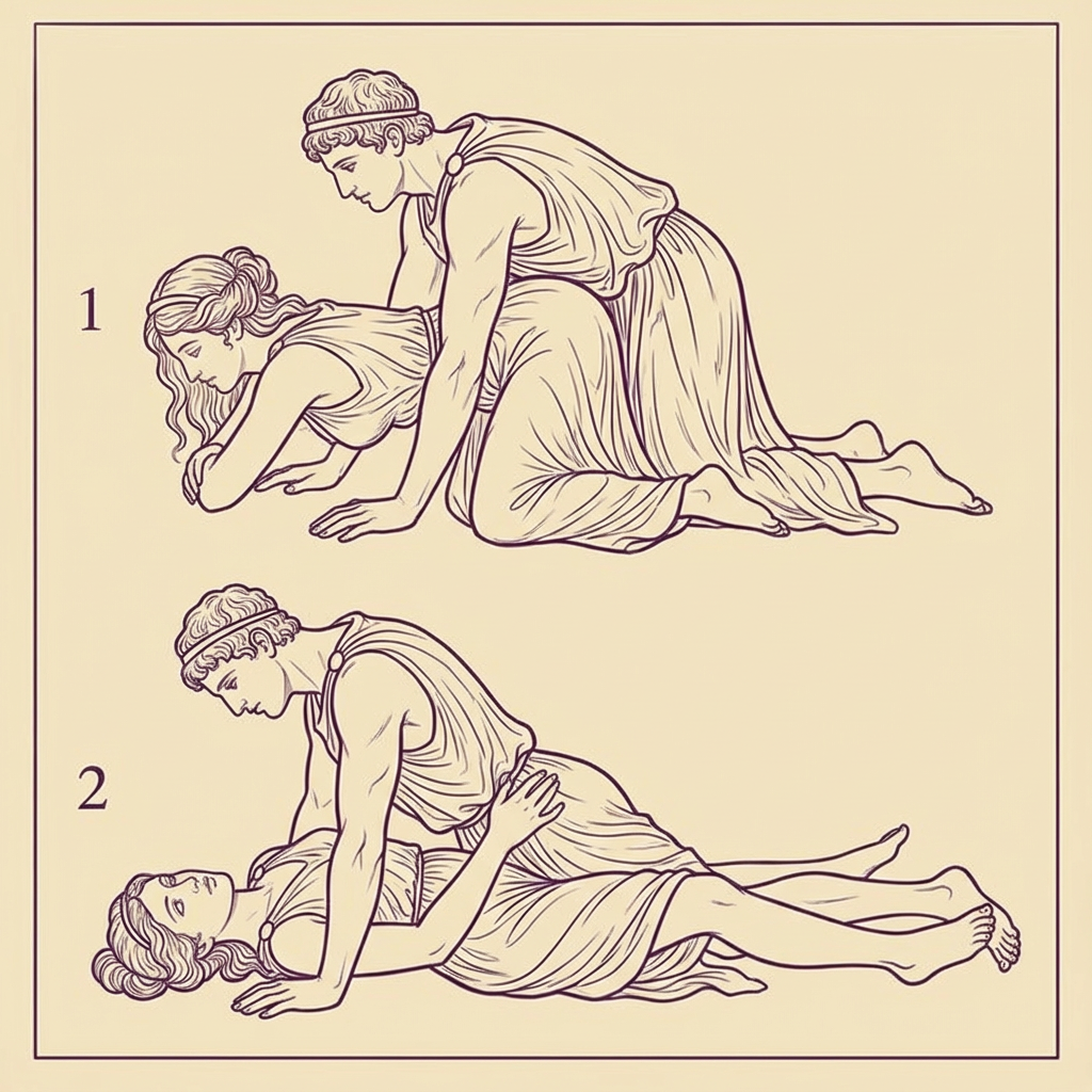 Klassieke illustratie van twee seksstandjes die geschikt zijn bij rugpijn tijdens het vrijen