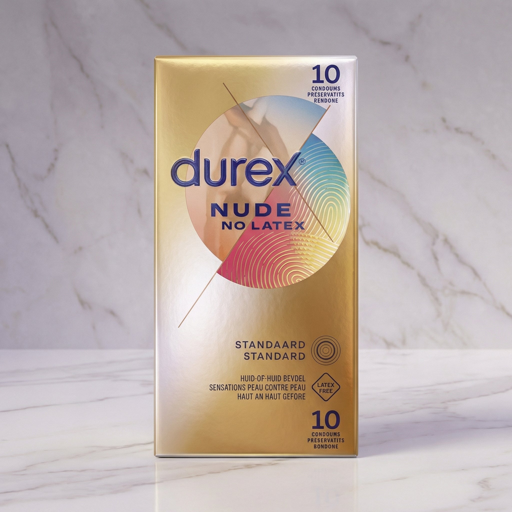 Verpakking Real Feel latexvrije condooms van De Paarse Keizerin, 10 stuks in nude kleur op witte achtergrond