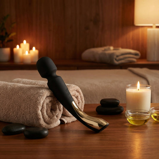 Zwarte Lelo Smart Wand Massager Large 2 in zijaanzicht, ergonomische vorm zichtbaar