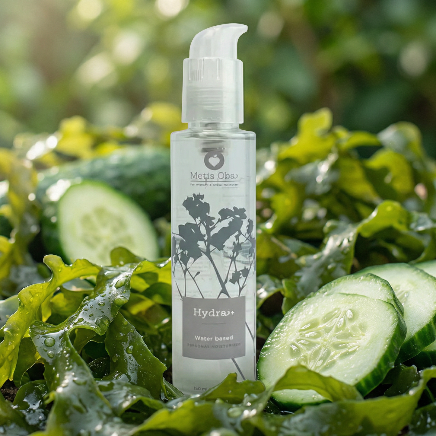 Zijaanzicht Hydra+ waterbasis glijmiddel fles met doseerpompje en merklogo De Paarse Keizerin