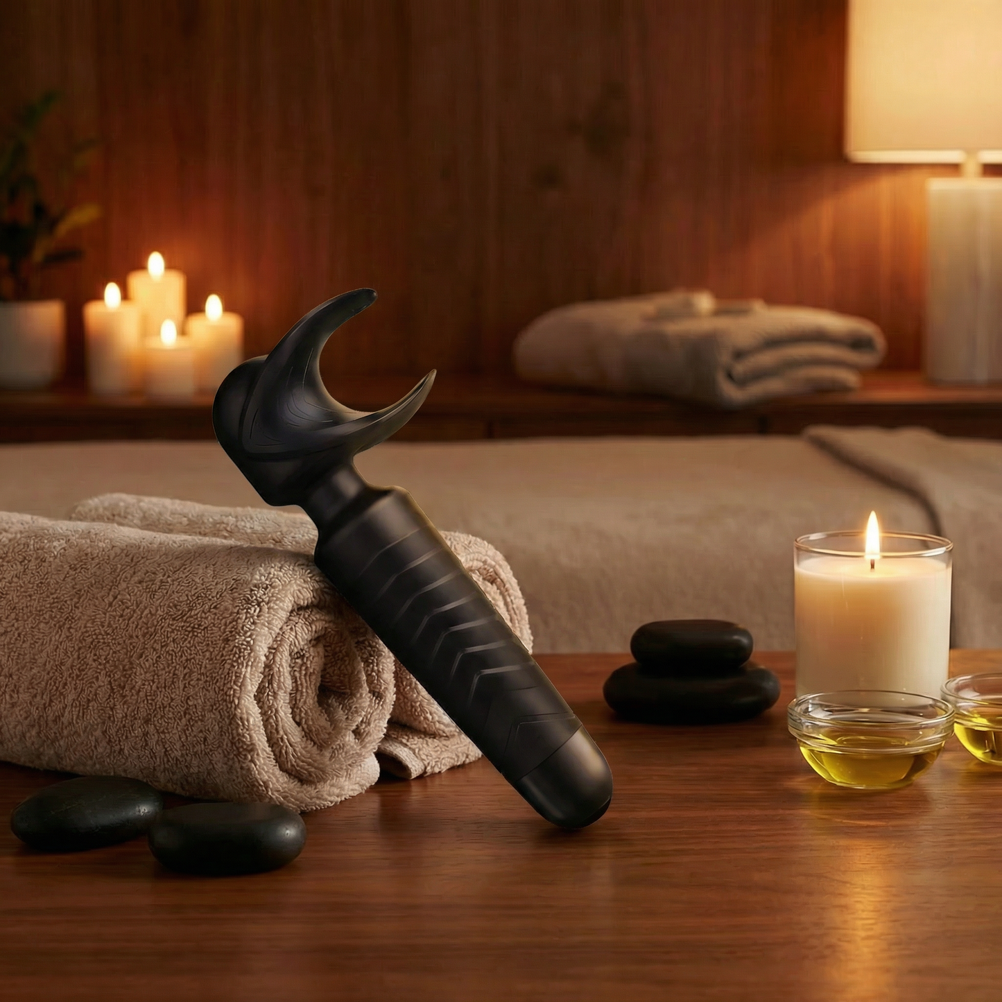 Zijaanzicht van de paarse Man.Wand wandmassager met ergonomische handgreep