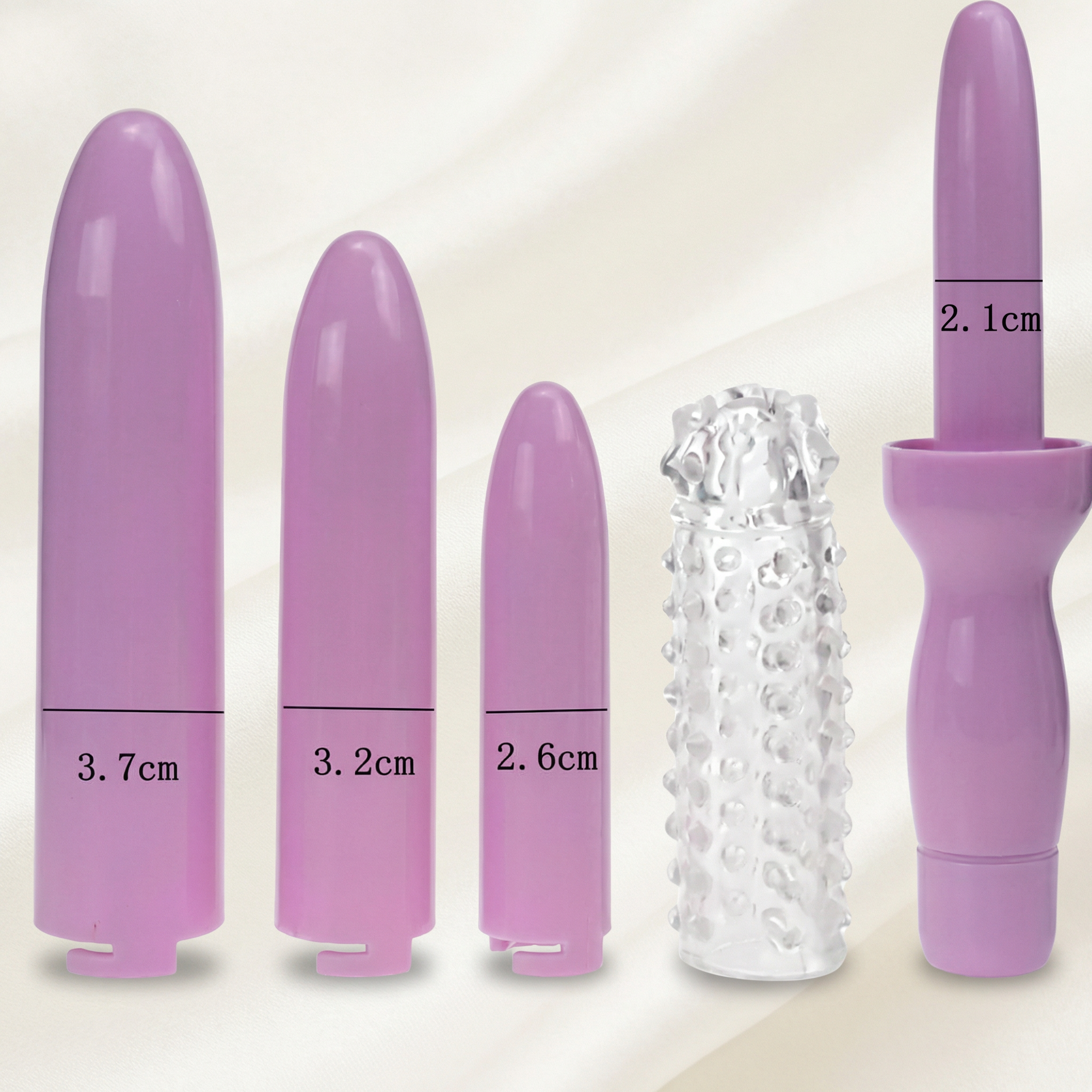 Maatvoering van de Dr. Laura Berman dilators: doorsnede 3,7, 3,2, 2,6 en 2,1 cm