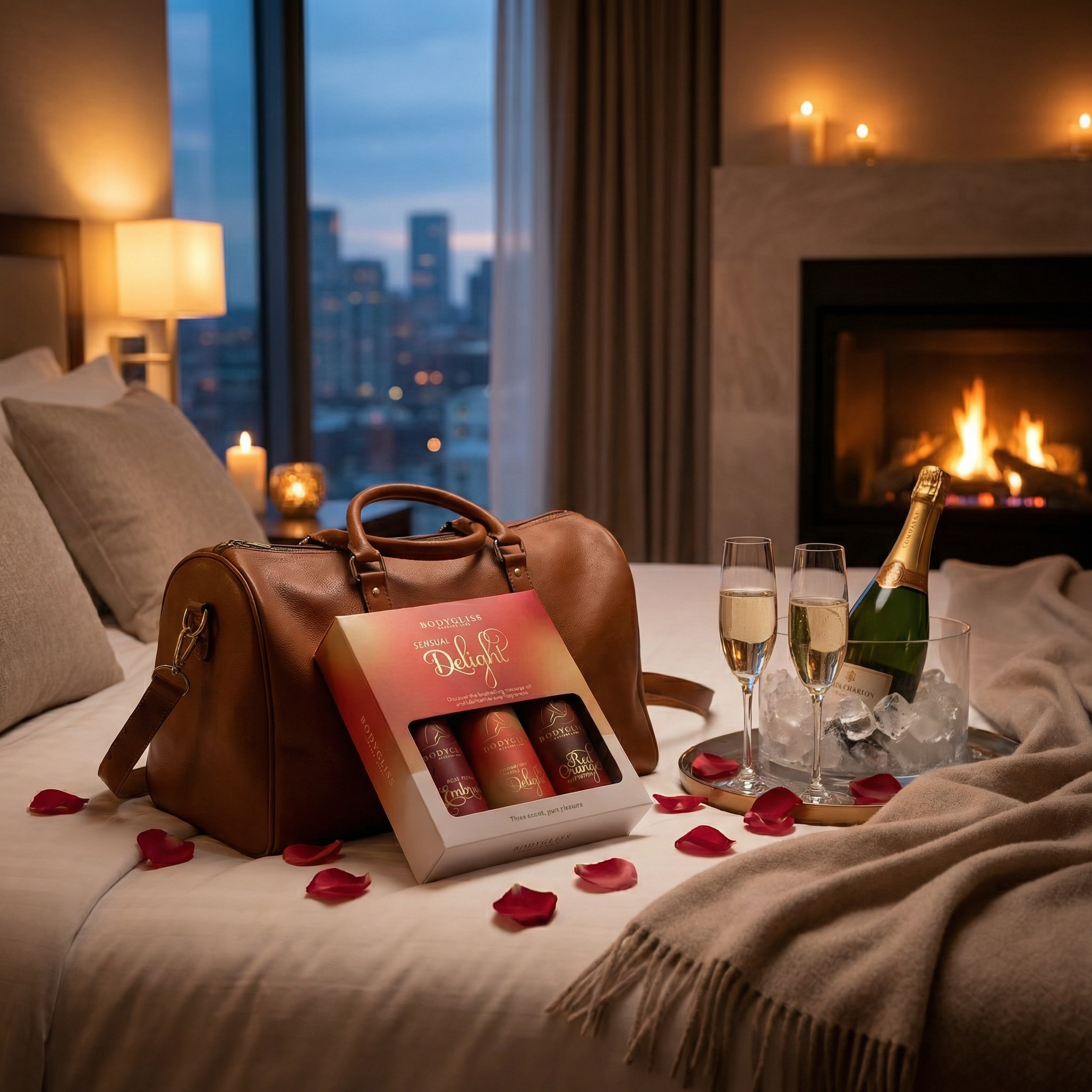Sfeerbeeld: het Bodygliss reissetje op een hotelbed naast een weekendtas en champagne