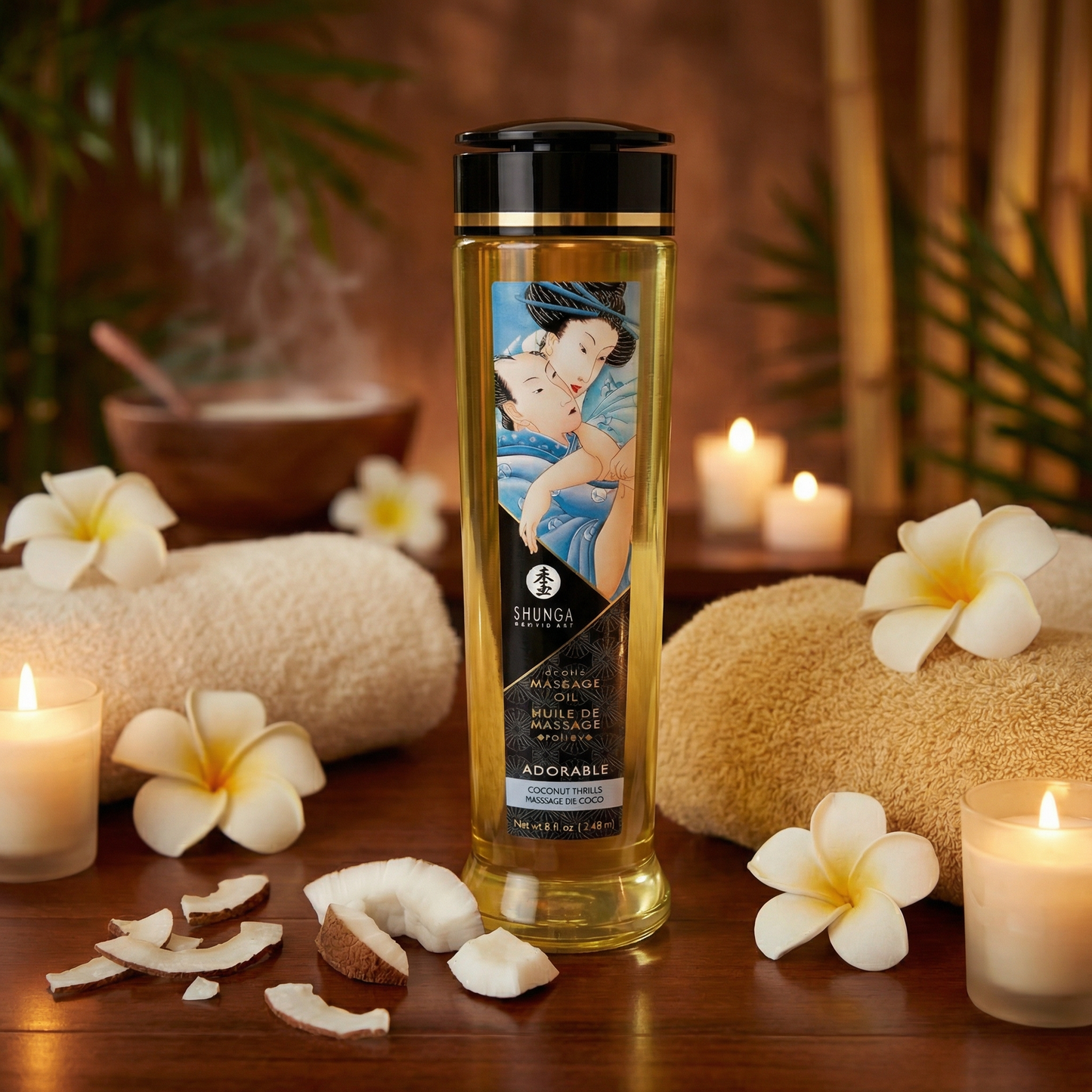 Shunga Adorable massage olie zijaanzicht met productdetails en elegante verpakking