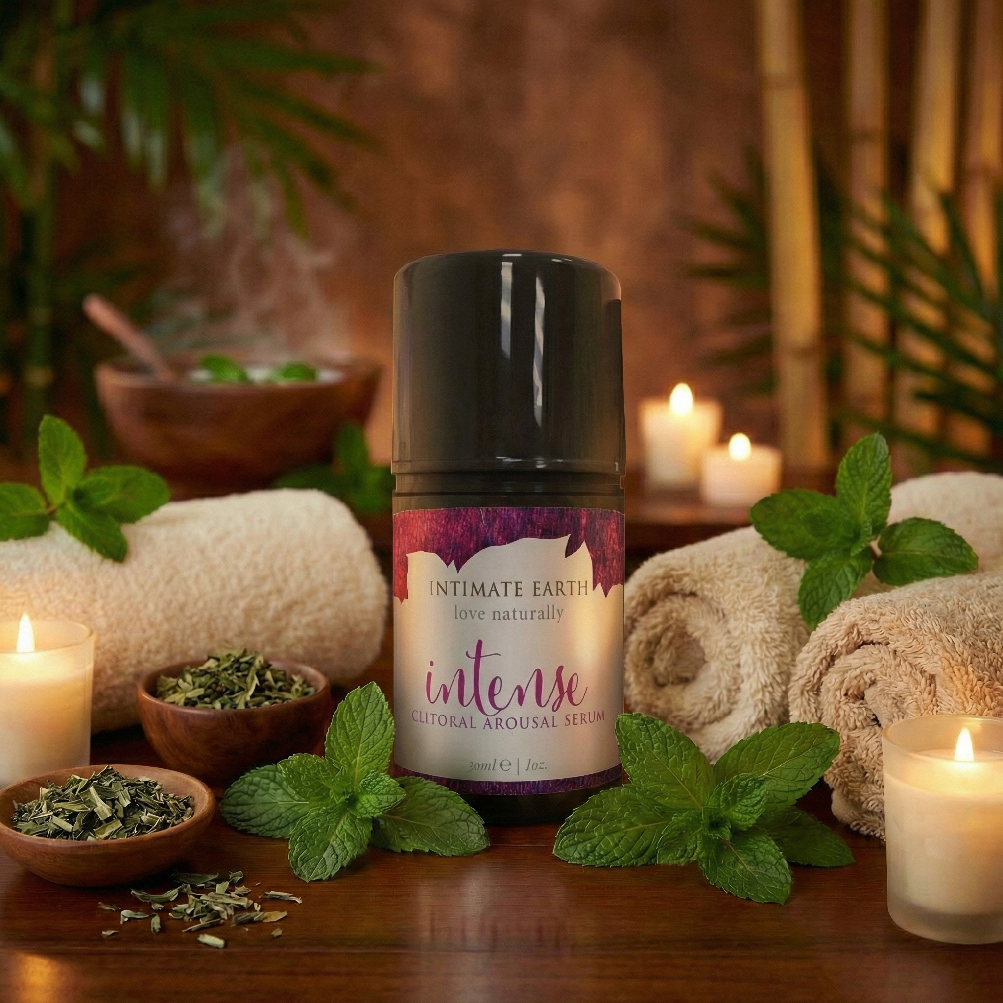 Zijaanzicht van het Intense stimulerende serum flesje met productlabel en doseeropening