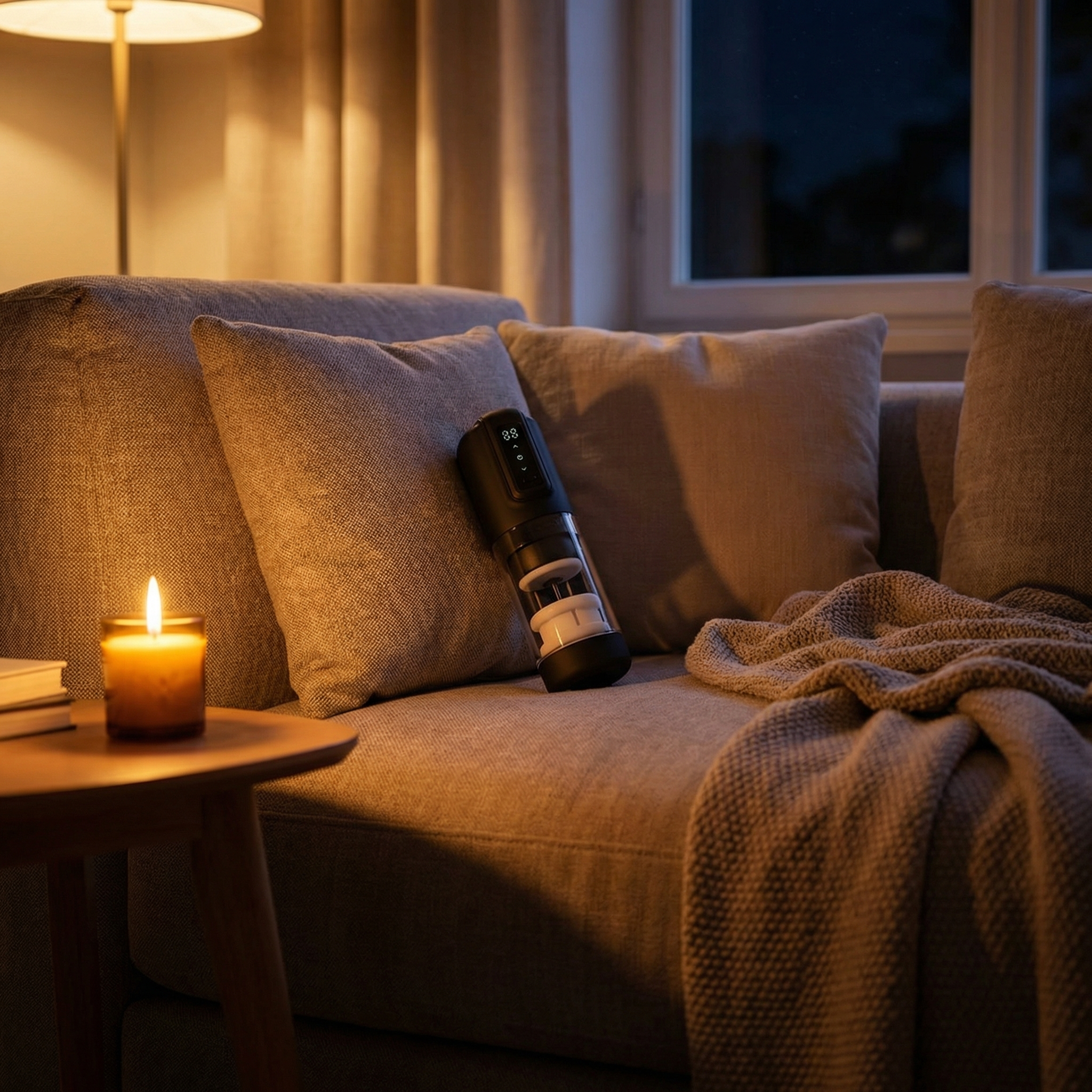 Zijaanzicht CRUIZR masturbator toont ergonomisch design en bedieningspaneel van De Paarse Keizerin