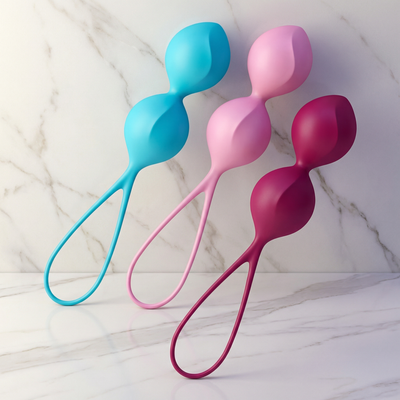 Drie V Balls kegelballen in turkoois, roze en donkerrood op een marmeren plank, Satisfyer