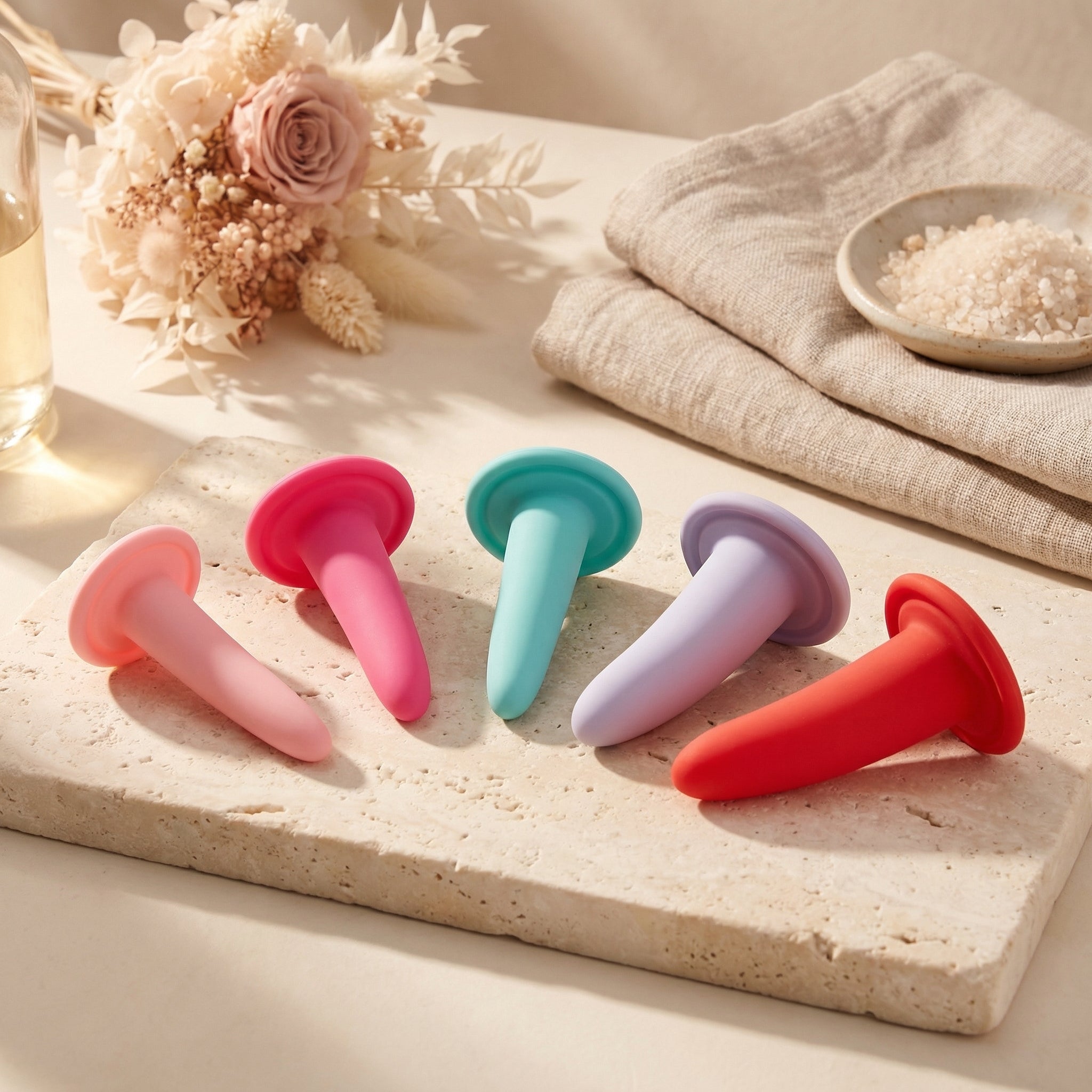 Vijf kleurrijke siliconen vaginale dilatatoren liggend op travertijn, zachte pastelkleuren