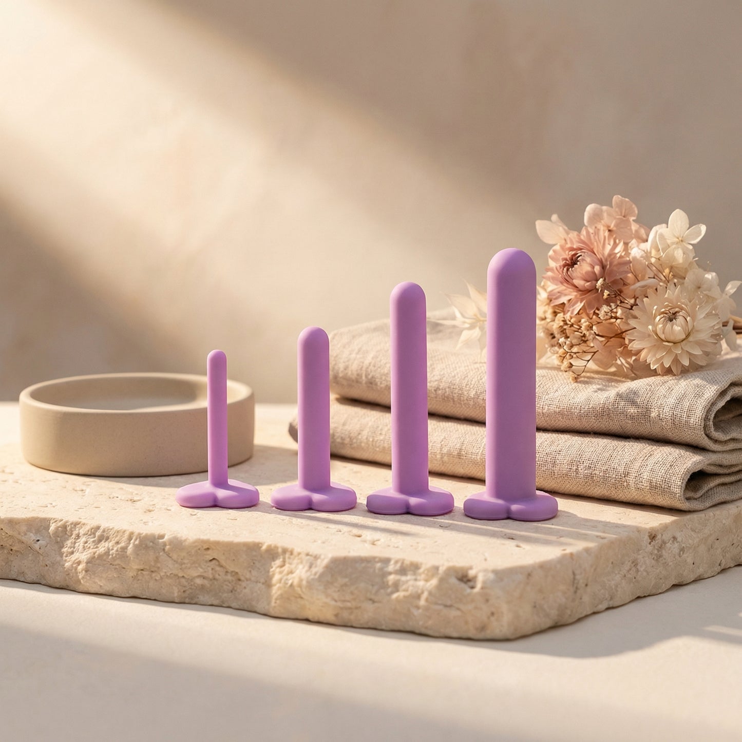 Vaginale dilatatoren set 4-delig in lila siliconen op plateau met droogbloemen, sfeerfoto