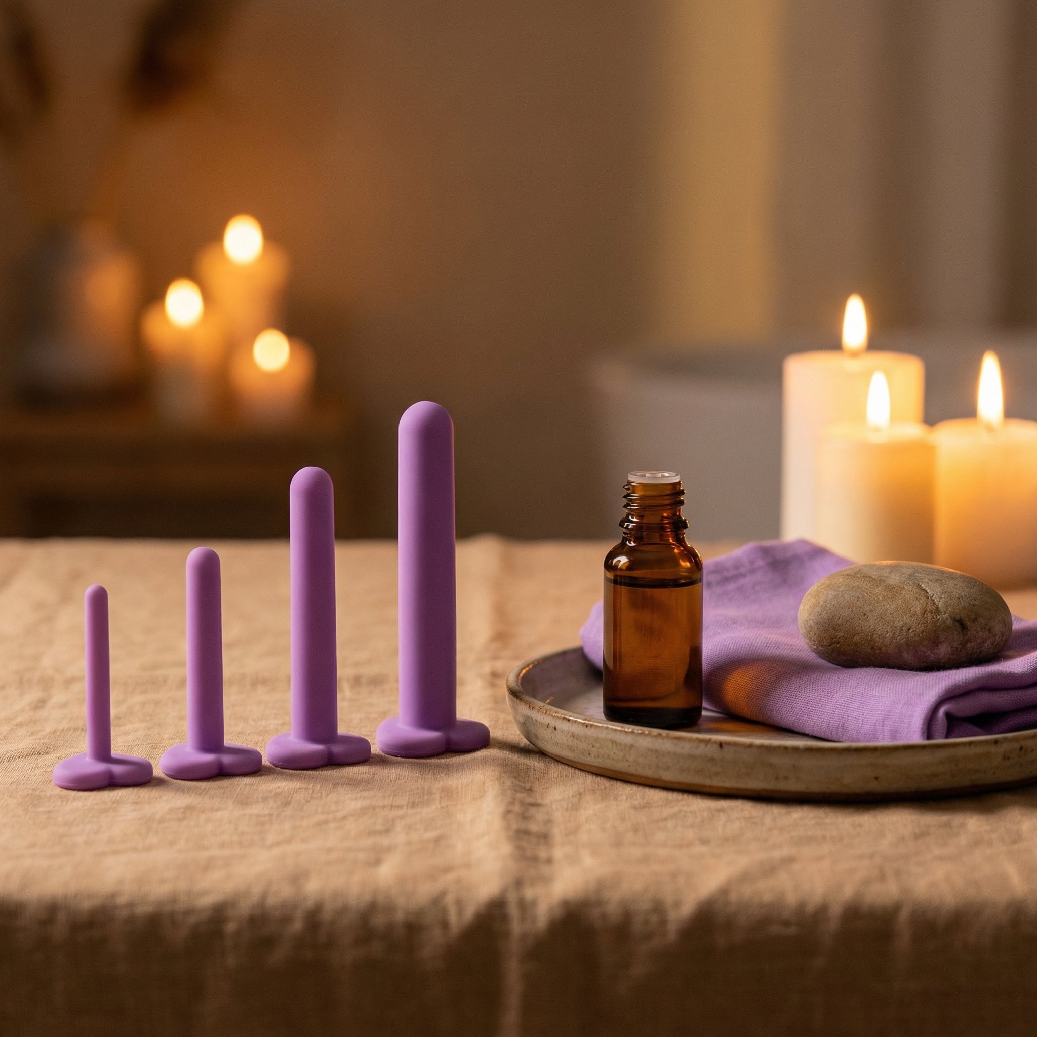 Vaginale dilatatoren set 5-delig in lila siliconen in sfeervolle setting met kaarsen en olie
