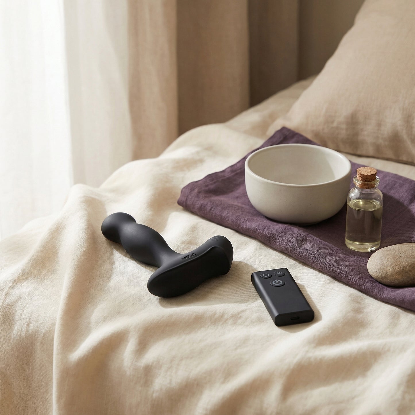 Zwarte Nexus Revo Slim prostaat vibrator met afstandsbediening op bed in sfeervolle setting