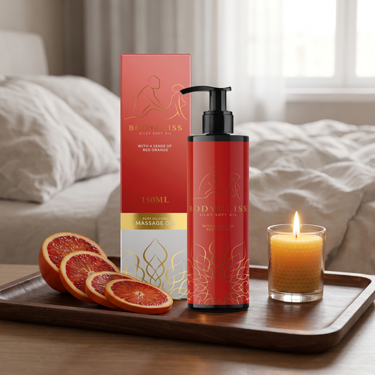 Sfeerbeeld: Massage Olie Red Orange van Body Gliss op een dienblad met bloedsinaasappel en een kaars
