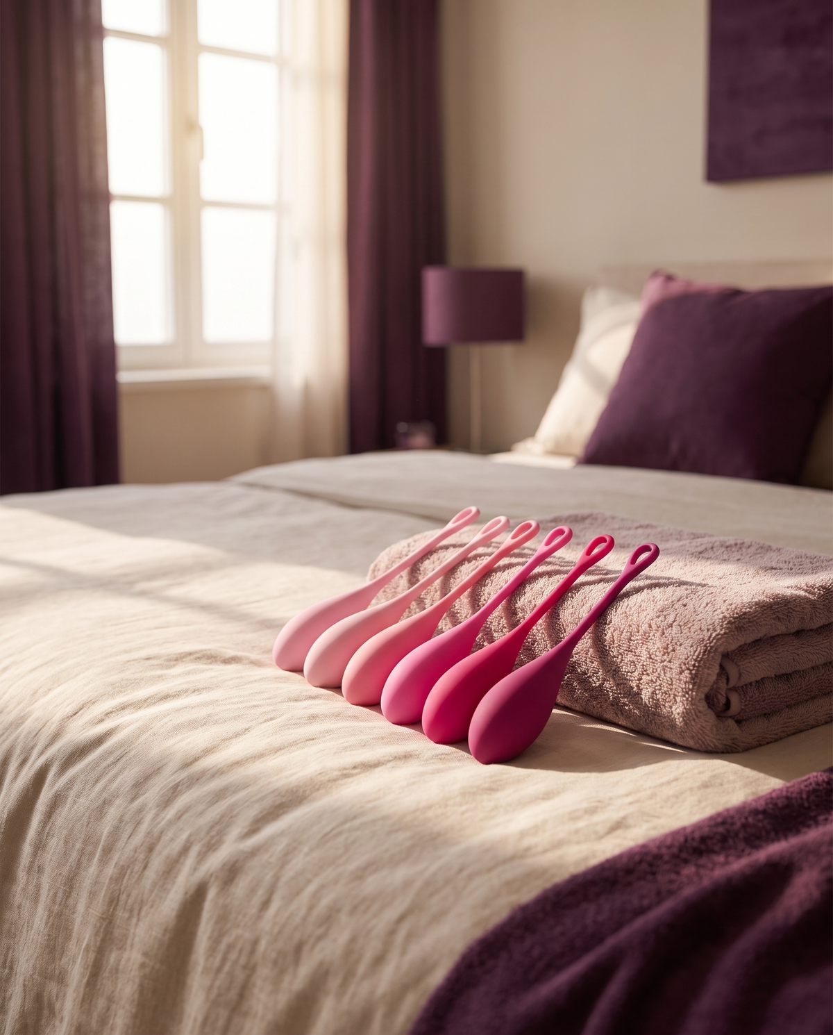 Sfeerbeeld: de zes kegels van de Kegelset Oba Motion op een rij op een bed naast een handdoek