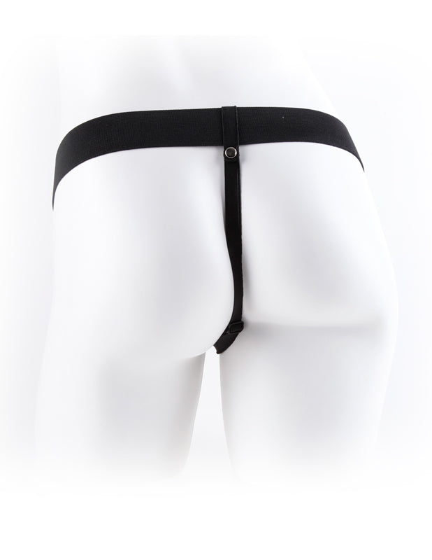 Achterkant van de zwarte heupband van de holle strap-on op een paspop