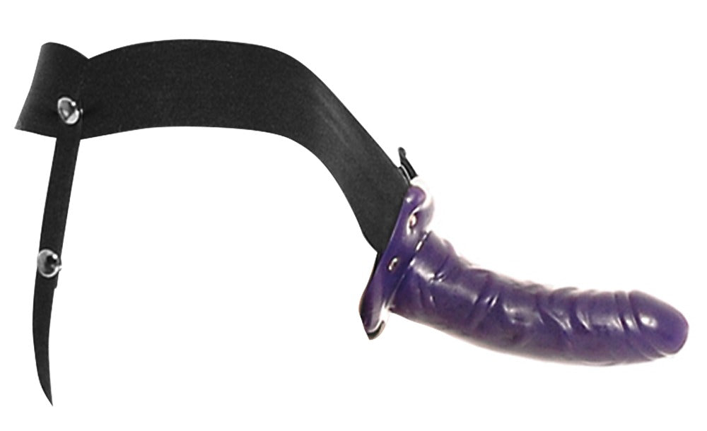 Paarse holle strap-on S/M compleet met zwart verstelbaar harnas