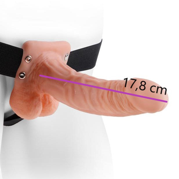 Nude holle strap-on op een paspop met maataanduiding 17,8 cm inbrenglengte