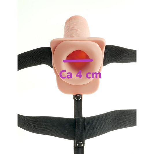 Verpakking en meegeleverde accessoires bij stevige holle vibrerende strap-on set