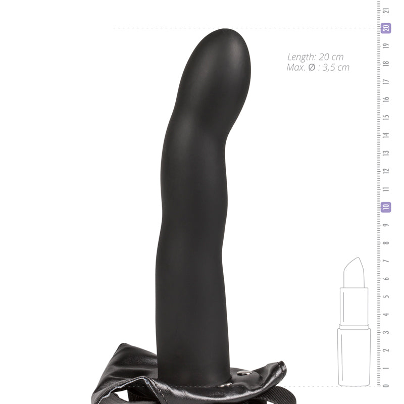 Maatfoto van de holle strap-on: 20 cm lang en maximaal 3,5 cm doorsnede